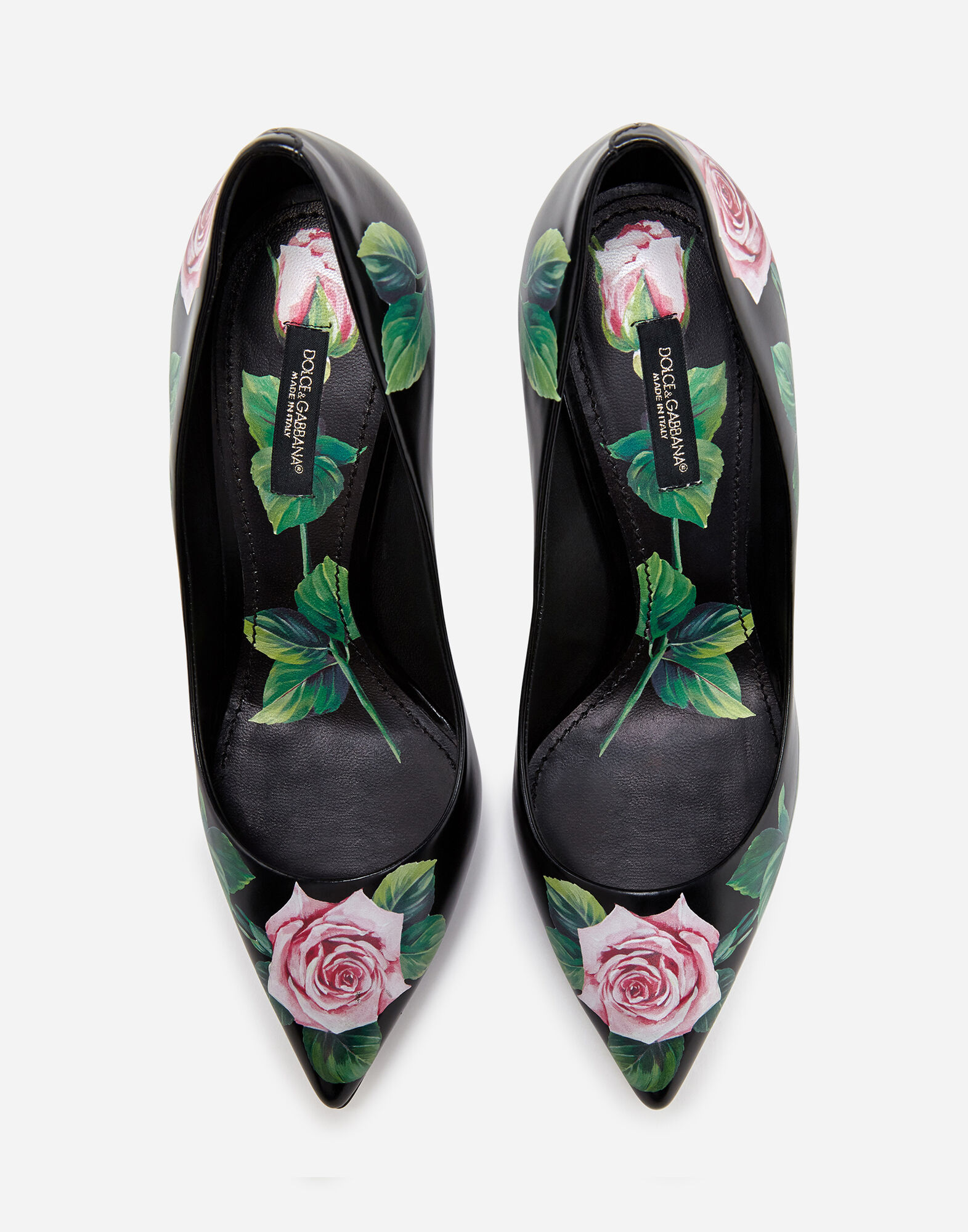 POLISHED CALFSKIN TROPICAL ROSE PRINT PUMPS