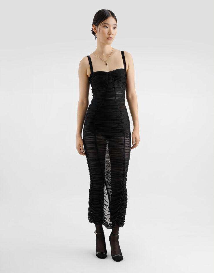 Dolce & Gabbana Calf-length stretch tulle slip dress Black F6TLQTFLRC2