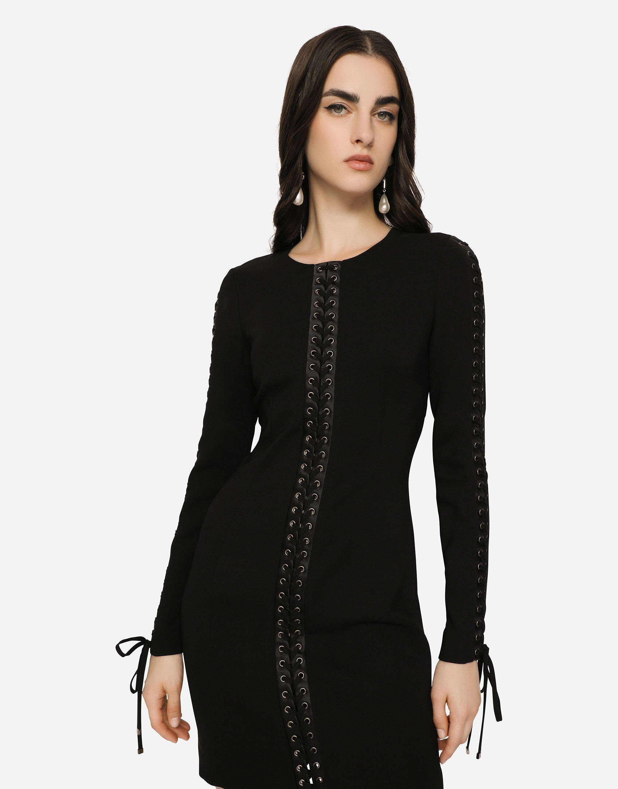 Short cady dress with laces and eyelets in Black for Women