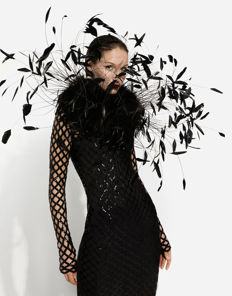 Dolce & Gabbana Vestido largo de red bordada con lentejuelas Negro F6DFDTFLSIO