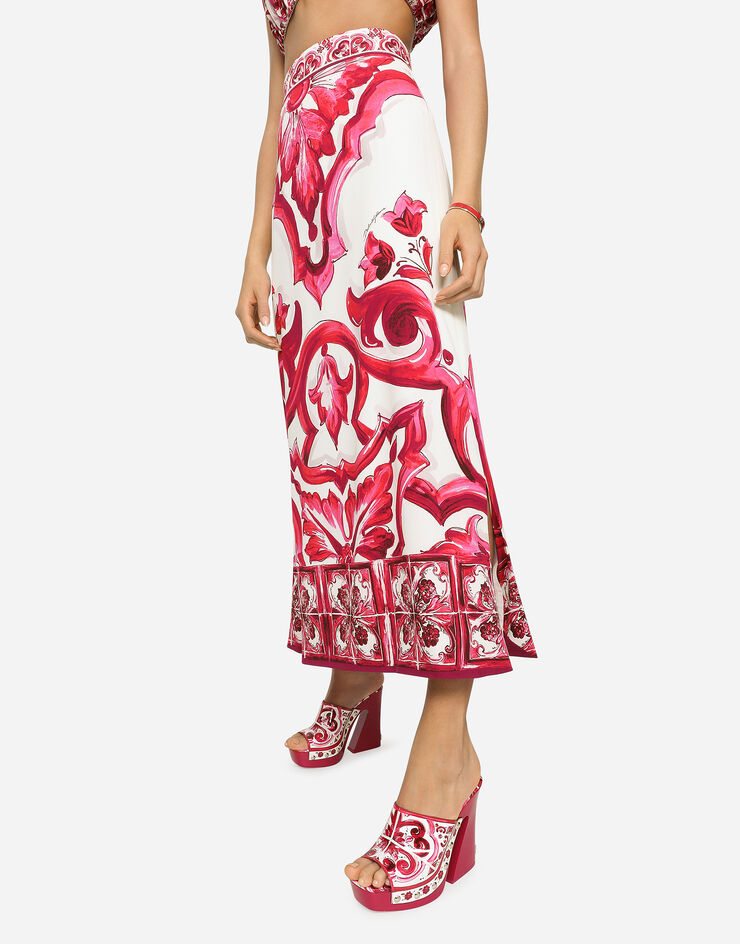 Dolce&Gabbana Majolica-print charmeuse calf-length skirt with slit Multicolor F4CEMTHPABX