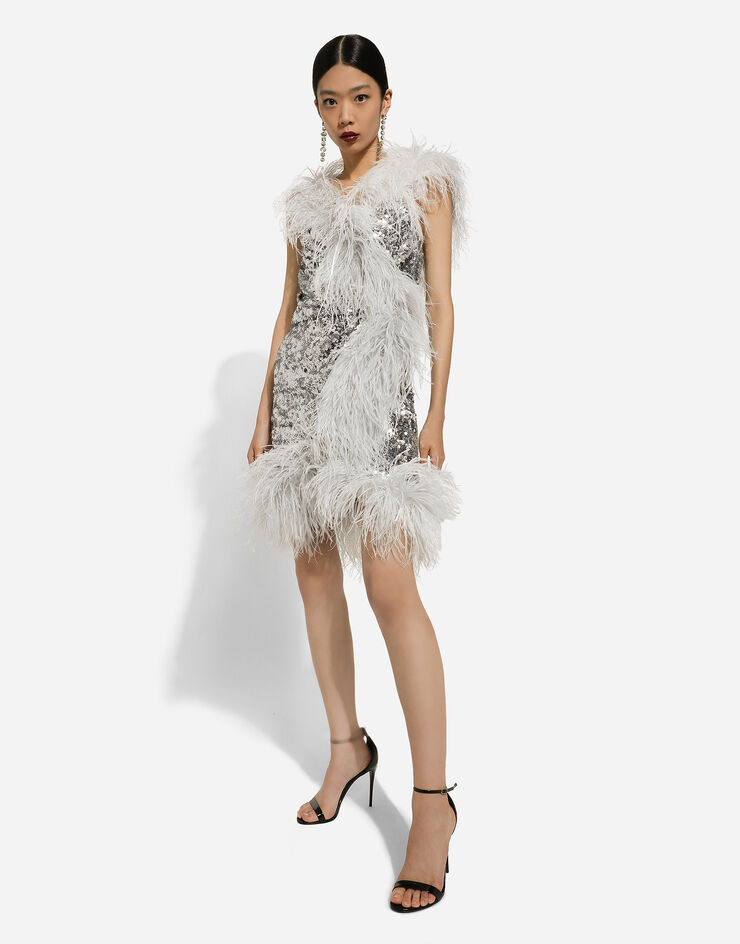 Dolce & Gabbana Short sequined wrap dress with feather trims Silver F6DKWTHLMZM