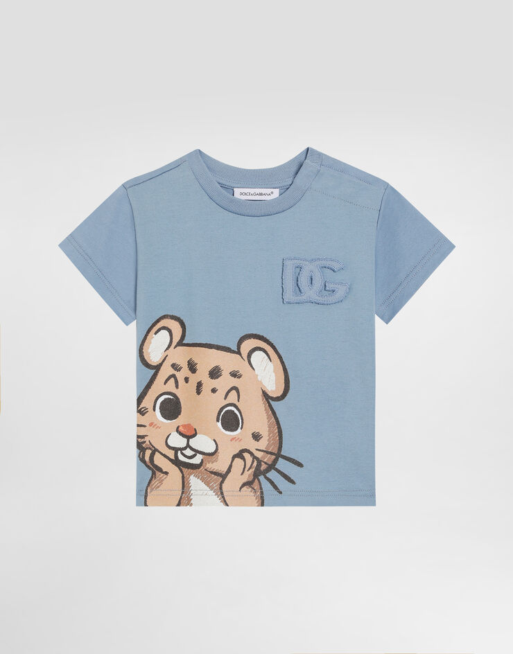 Dolce & Gabbana Jersey t-shirt with leopard print and DG patch Blue L1JTEYG7PJE