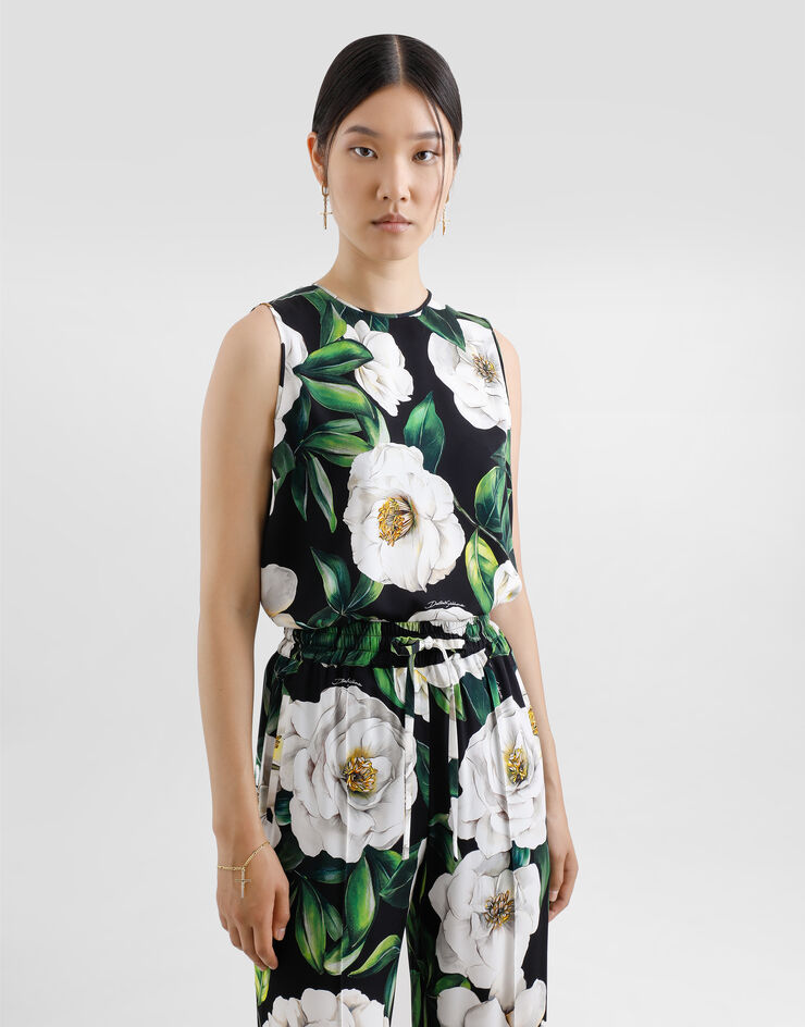 Dolce & Gabbana Sleeveless charmeuse top with gardenia print Print F7AO3TFSA7F
