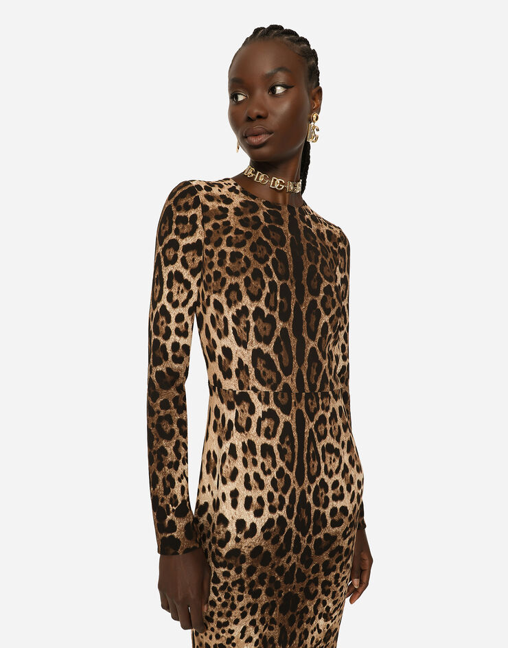 Dolce & Gabbana Vestido de manga larga en cady con estampado de leopardo Estampado Animalier F6ZJ7TFSRKI