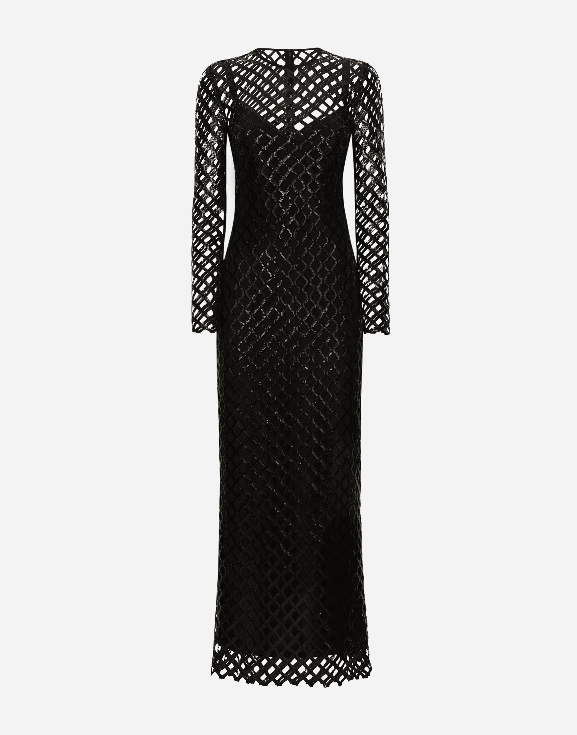 Dolce&Gabbana Vestido largo de red bordada con lentejuelas Negro F6DKITFU1AT
