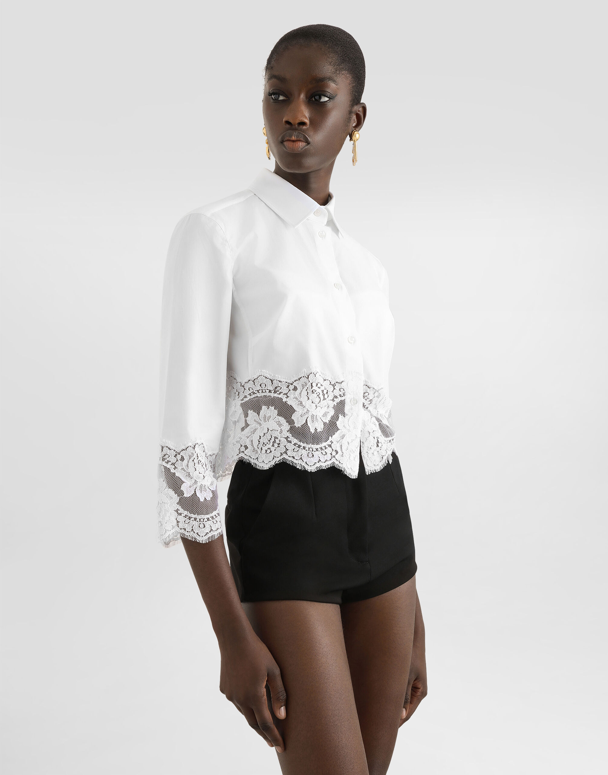 Cropped poplin shirt with lace inserts in White for Women