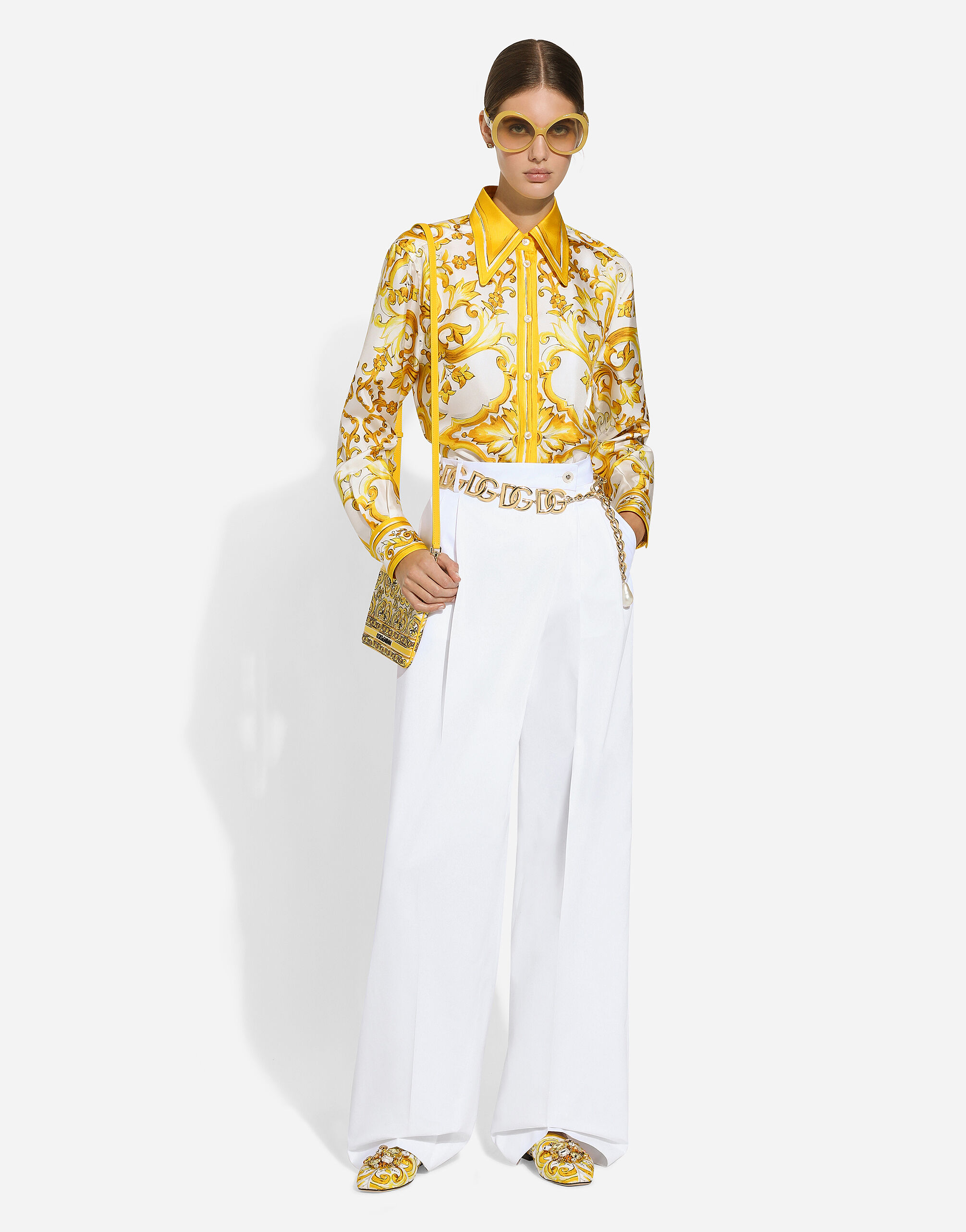 Silk twill shirt with majolica print in Print for Women | Dolce&Gabbana® US