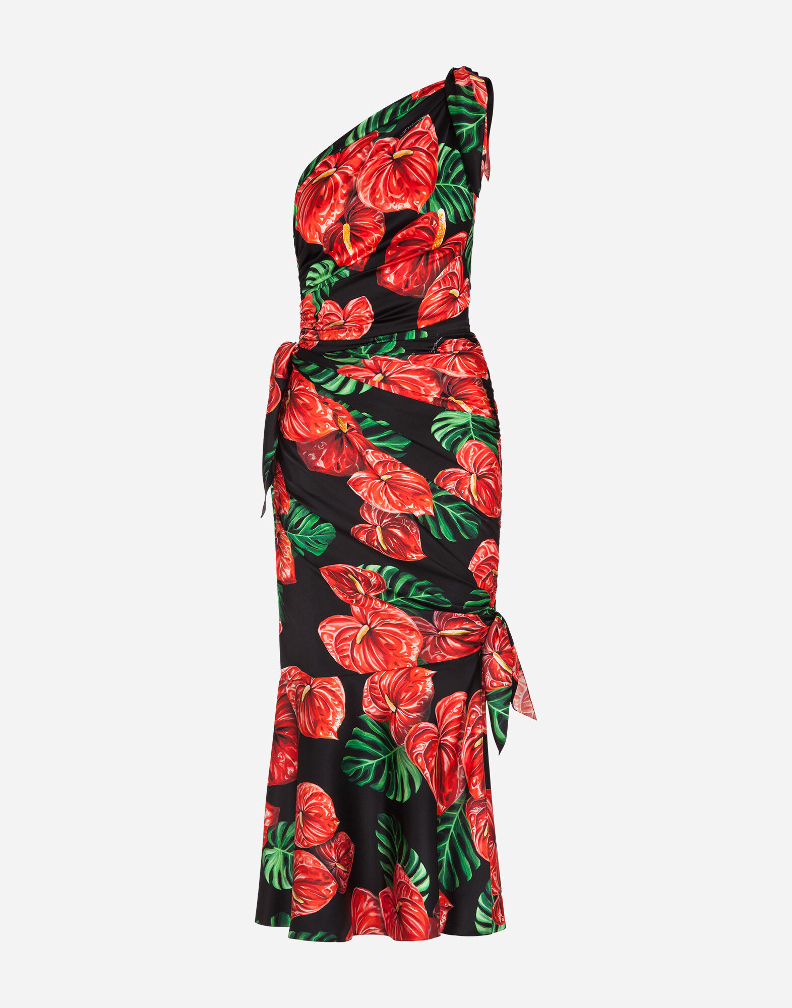 ONE-SHOULDER LONGUETTE DRESS IN CHARMEUSE WITH LACELEAF PRINT