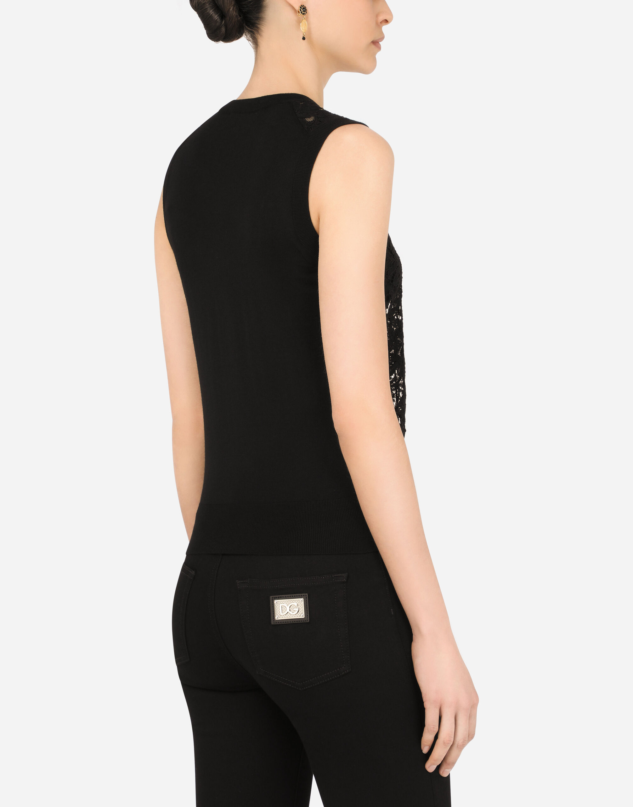 Sleeveless wool and lace sweater in Black for Women