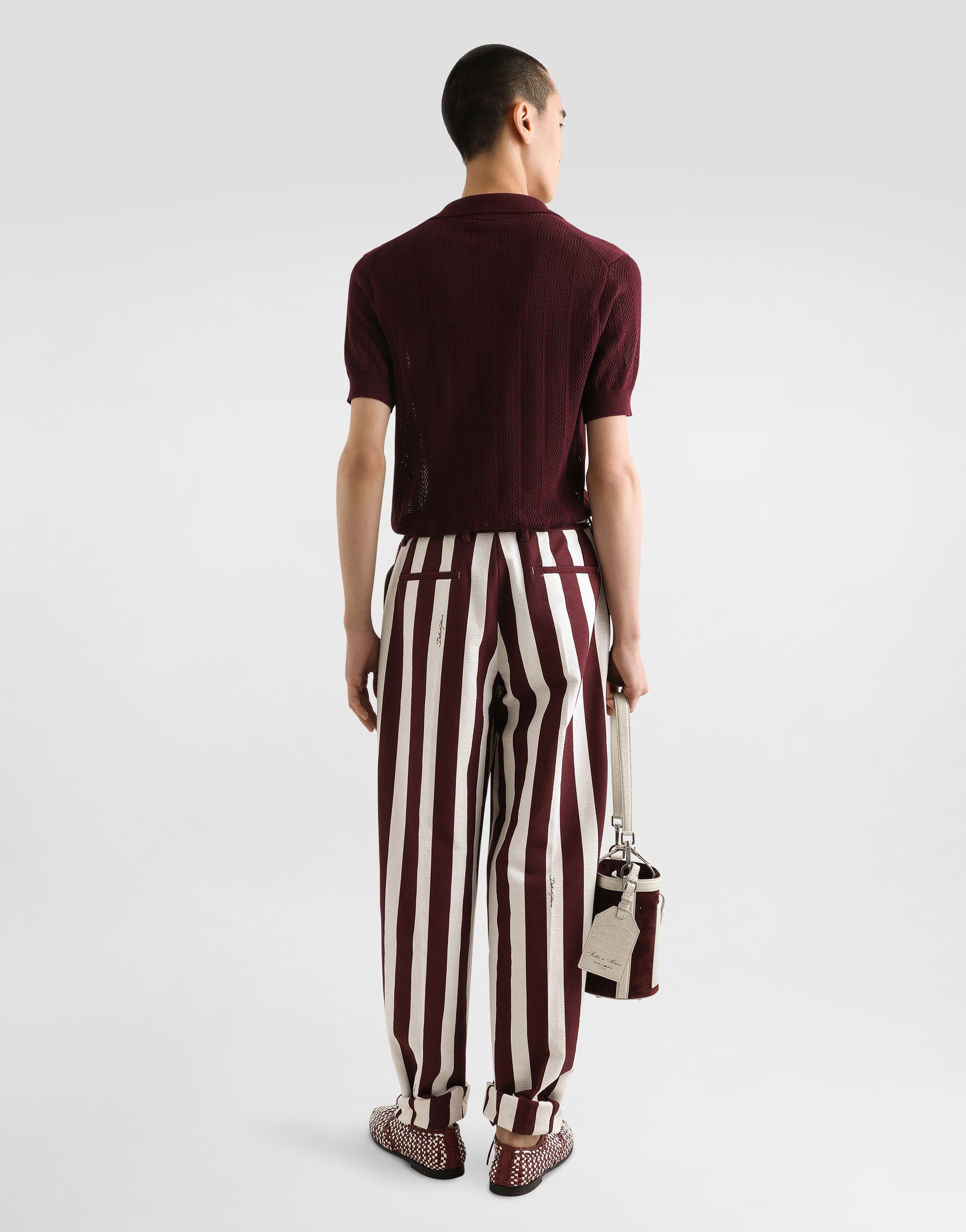 Striped cotton jacquard pants with double darts in Multicolor for