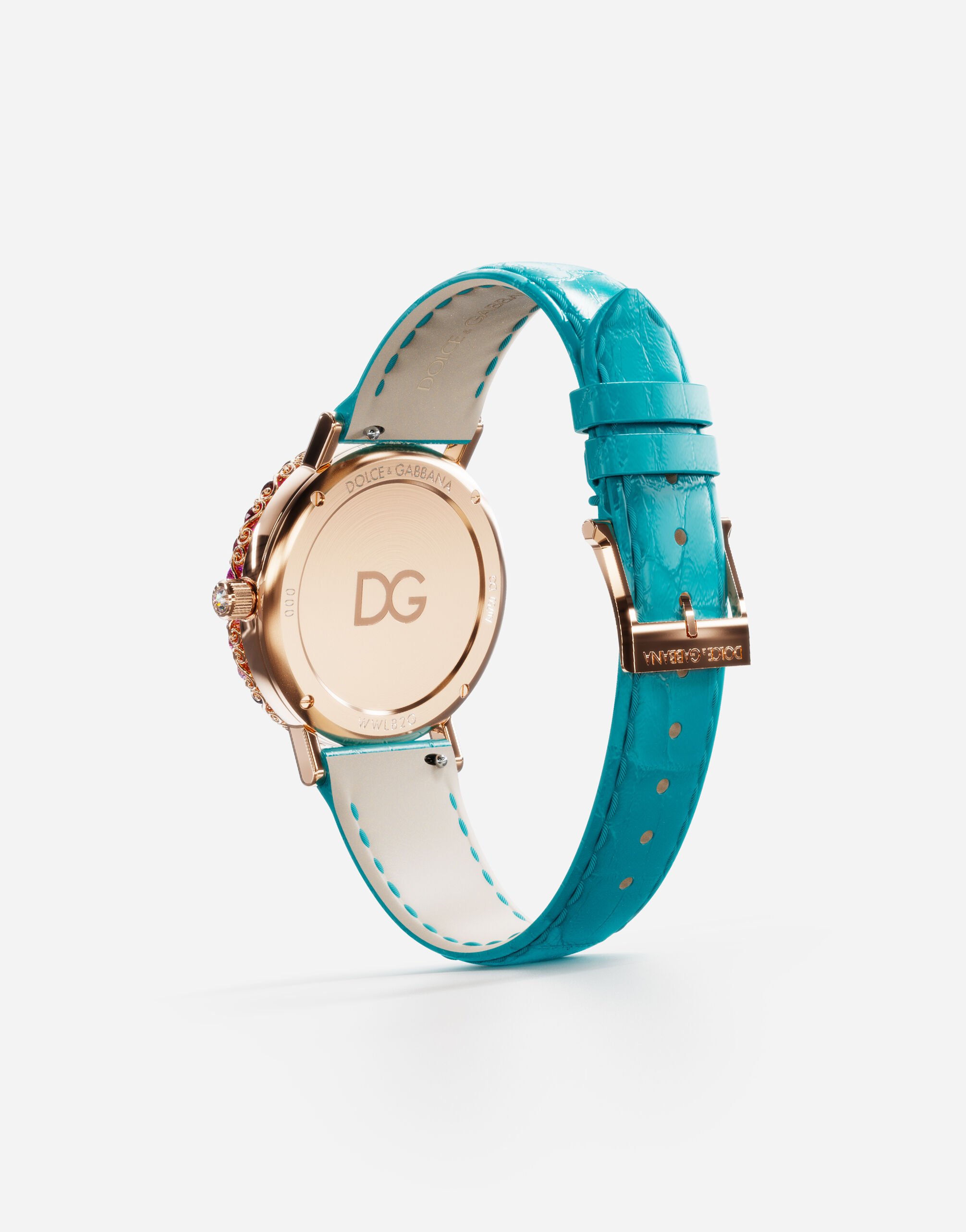 Iris watch in rose gold with multi colored fine gems and diamonds