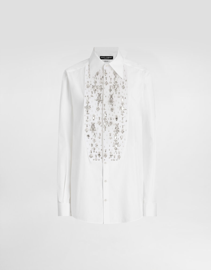Cotton tuxedo shirt with rhinestone-embroidered shirt front