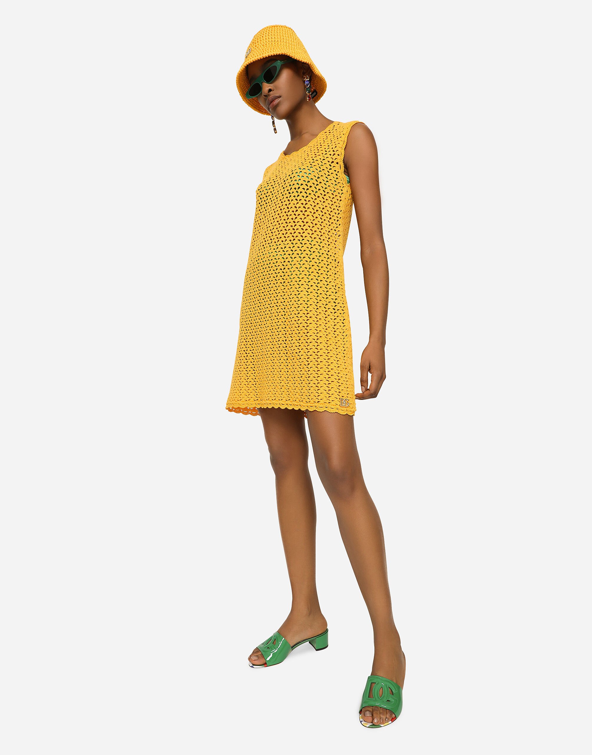 Short sleeveless crochet dress in Yellow for for Women