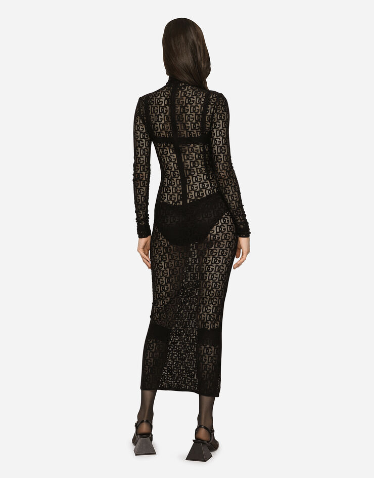 Dolce & Gabbana Tulle calf-length dress with all-over DG logo Black F6ATRTFLEAQ