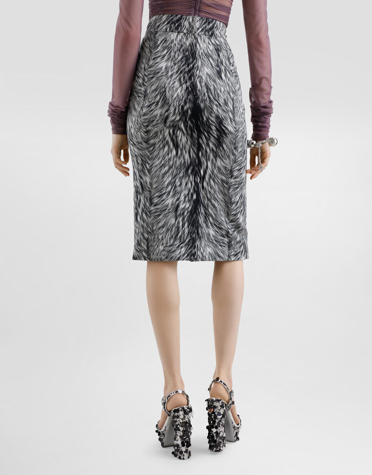 Dolce & Gabbana Charmeuse midi pencil skirt with fur print Grey F4C2LTFSA71