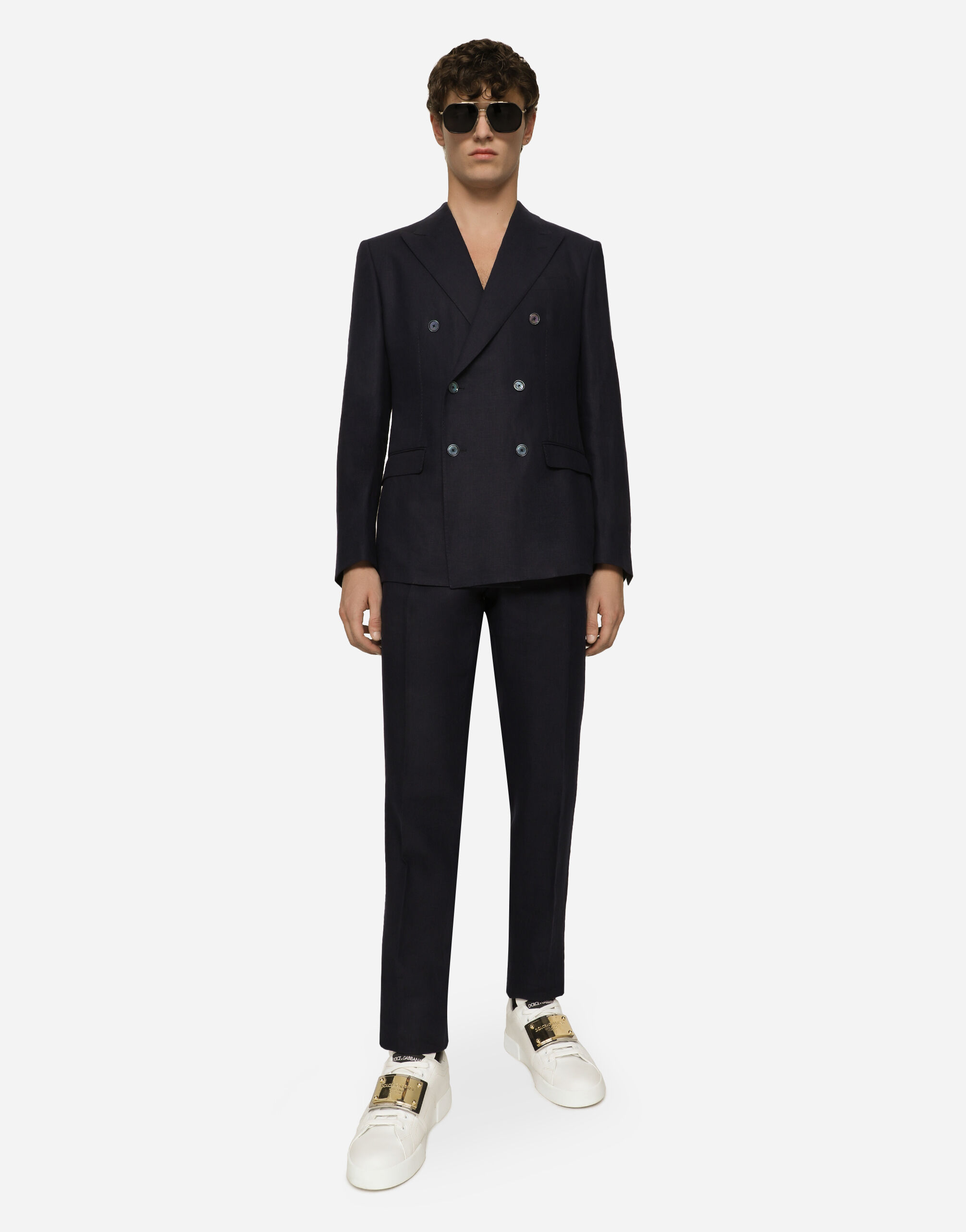 Double-breasted linen Taormina-fit suit in BLUE for Men