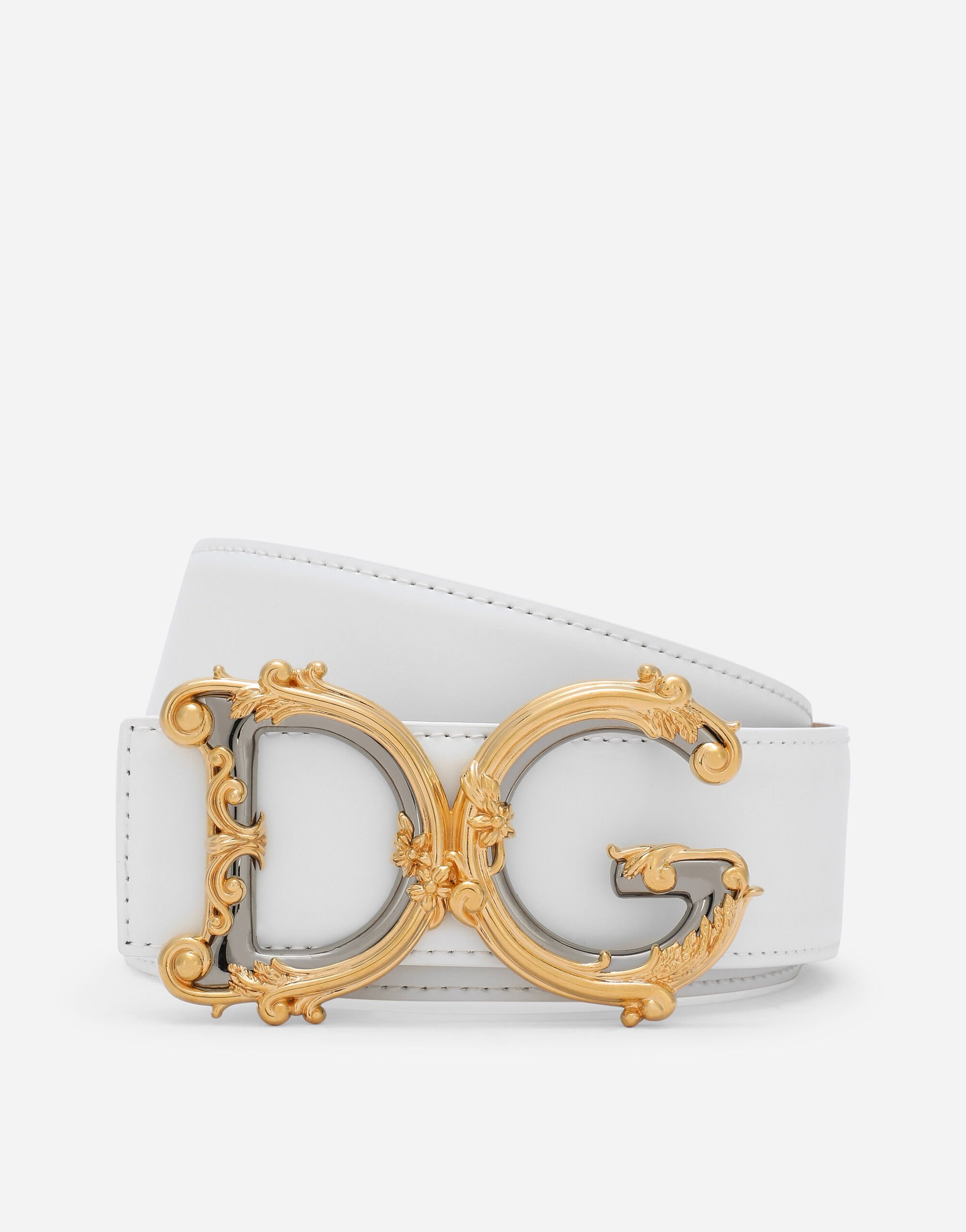 Dolce & Gabbana Leather belt with baroque DG logo White BE1447AW576