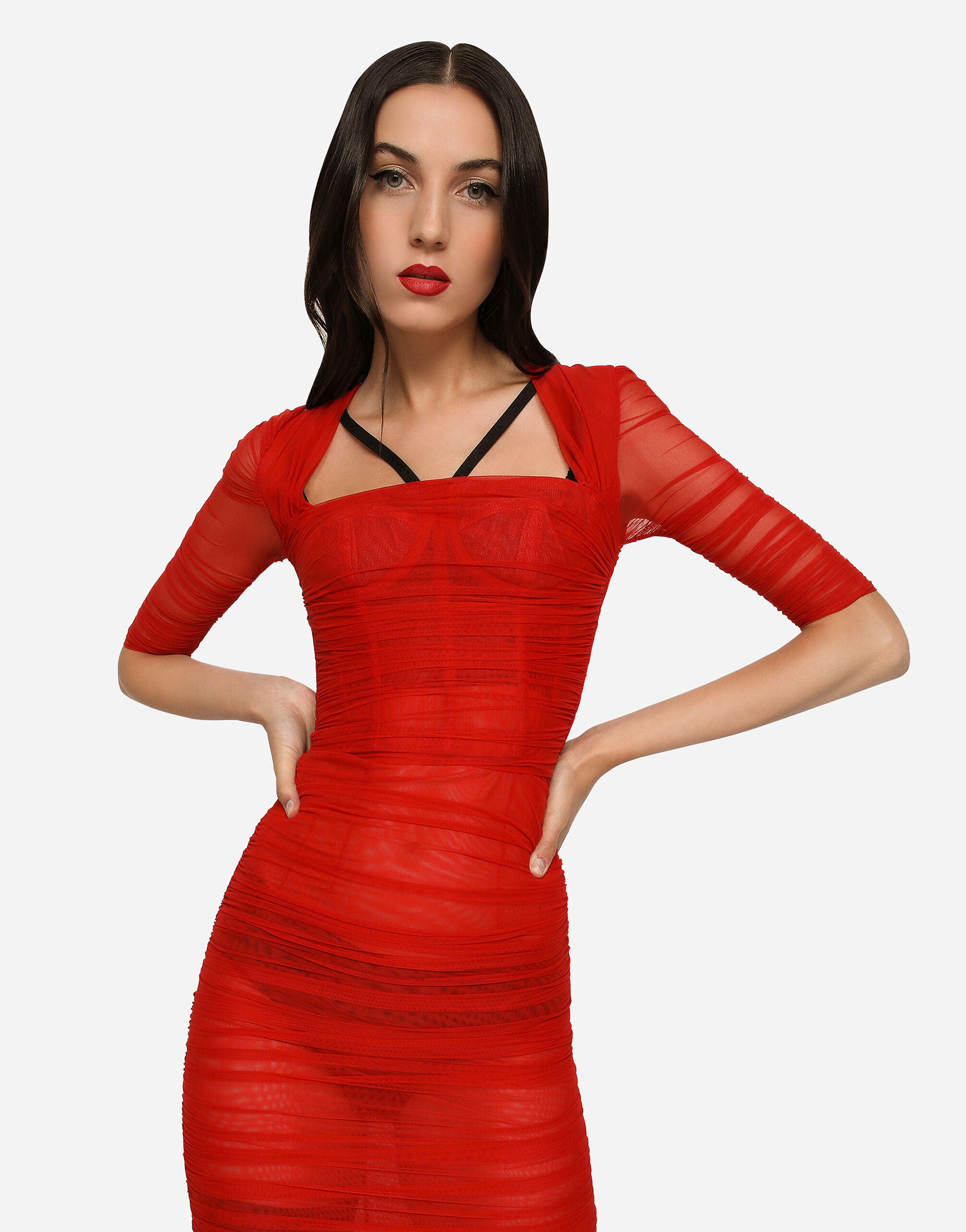 Tulle calf length dress with draping in Red for Women Dolce Gabbana US