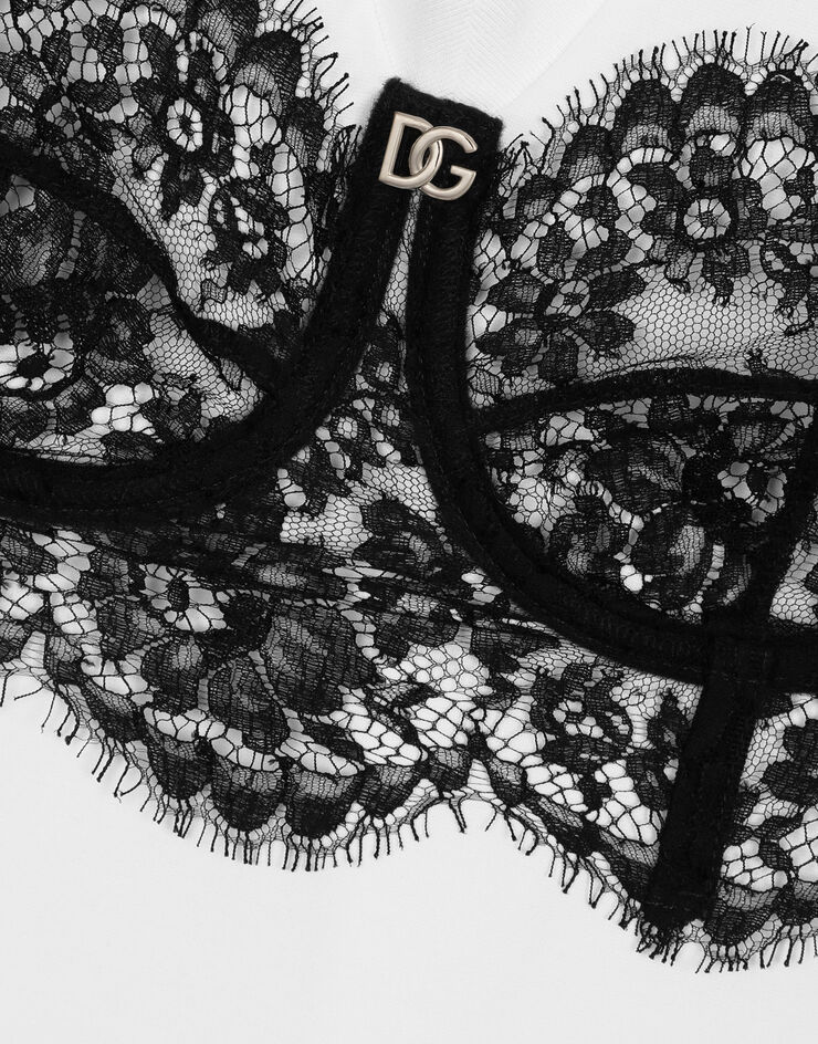 Dolce & Gabbana T-Shirt aus Jersey mit Bustierdetail aus Spitze Weiss F8Q93ZG7E7I