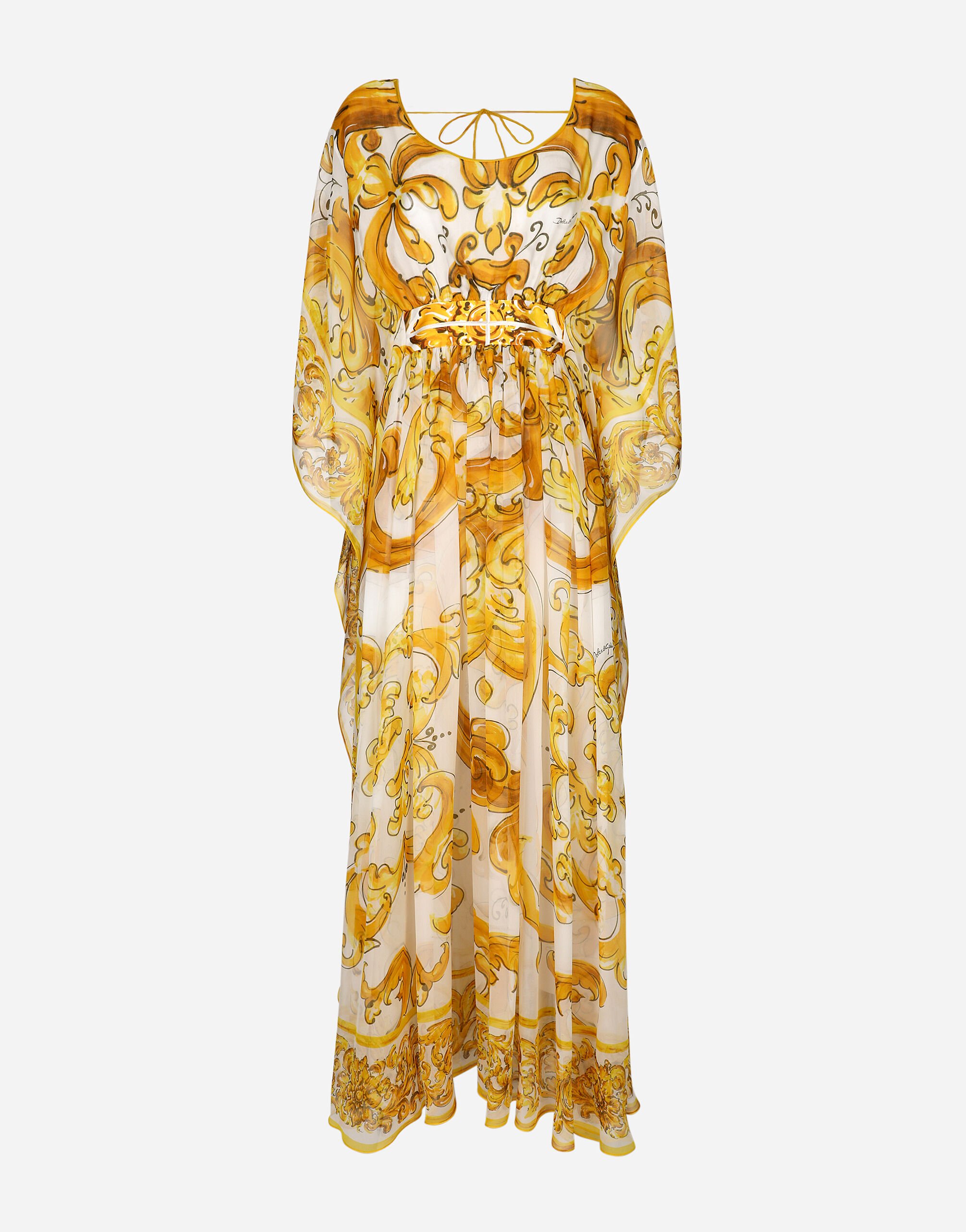 Dolce & Gabbana Langes Kleid aus Seidenchiffon Majolika-Print Gelb BB6003AW050