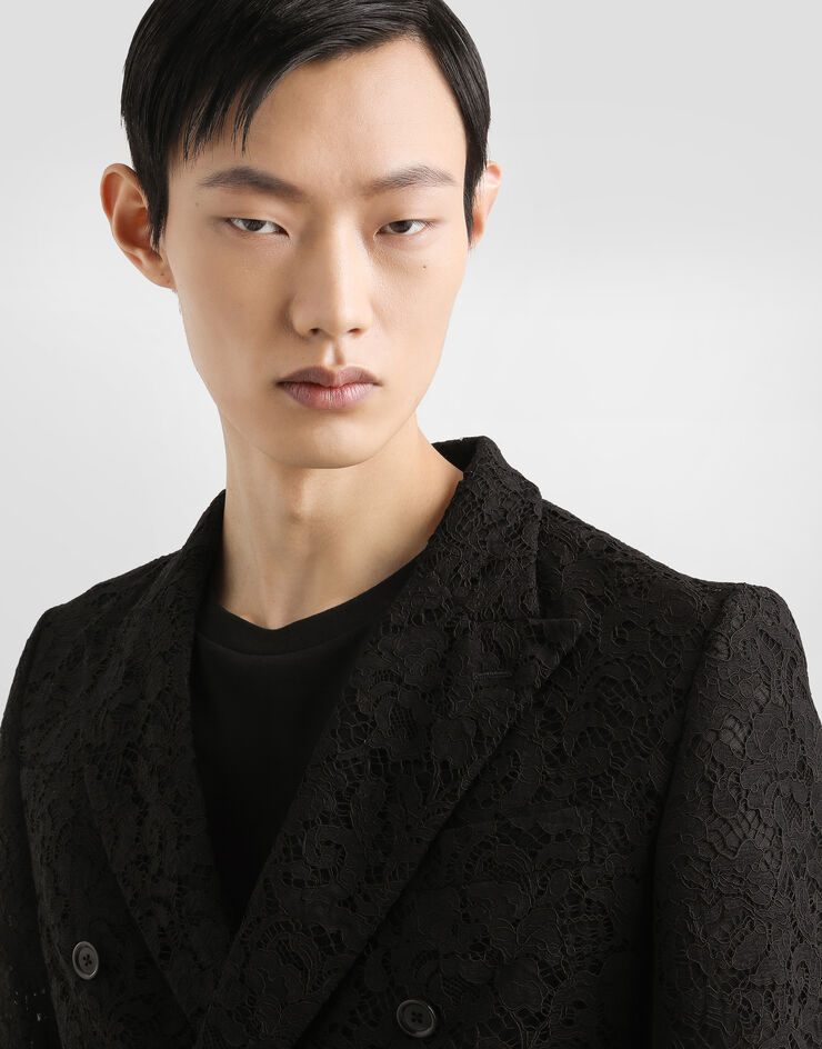 Dolce & Gabbana جاكيت سيسيلي من دانتيل كوردونيتو بصف أزرار مزدوج أسود G2SV7THLM5E