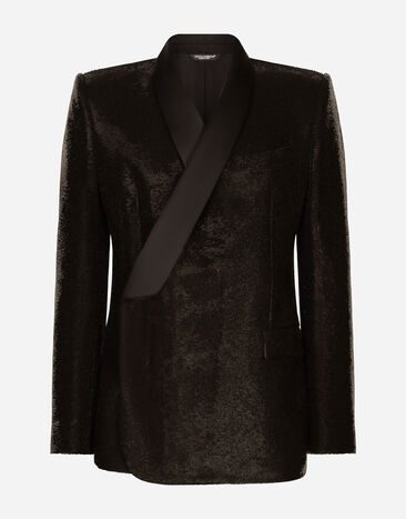 Dolce & Gabbana Двубортный пиджак-смокинг Sicilia из пайеток серебристый G2QU6TFLSEP