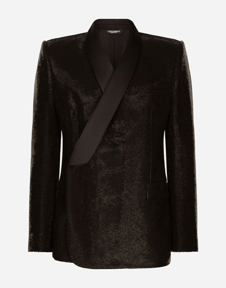 Dolce & Gabbana 시칠리아 핏 더블 브레스티드 시퀸 턱시도 재킷 블랙 G2RR4TFLSIM