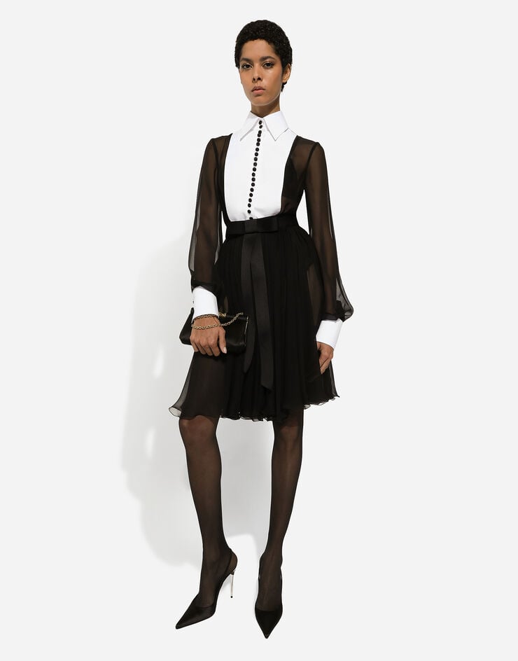 Dolce & Gabbana Chiffon midi shirt dress with piqué cuffs and shirt front Black F6JGXTFU1AT