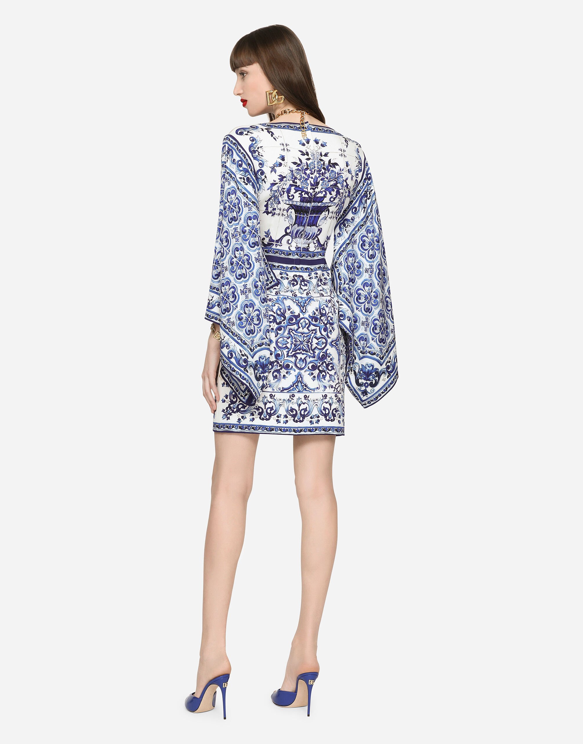 Short majolica-print charmeuse dress in Multicolor for Women