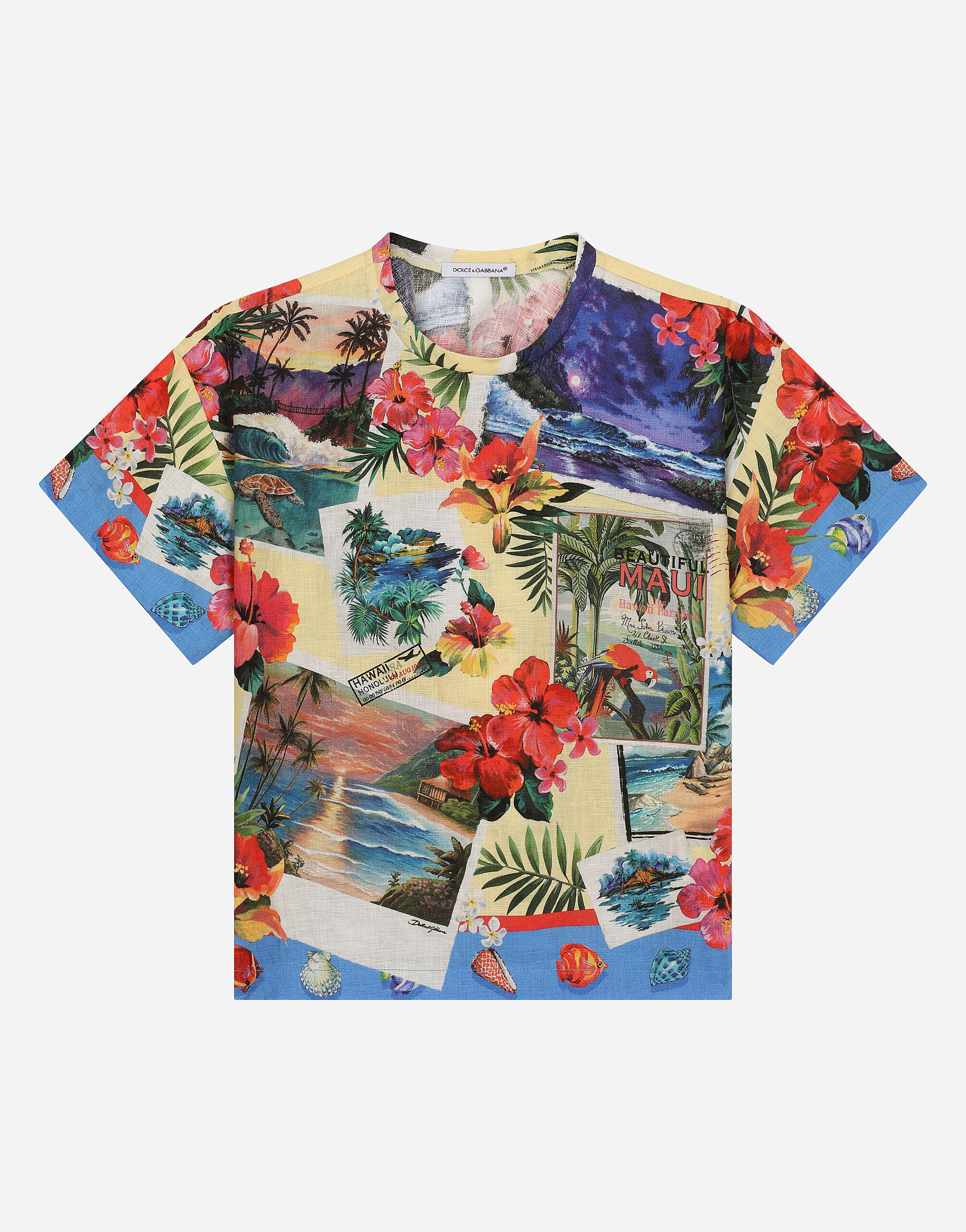 Dolce & Gabbana Jersey T-shirt with Hawaiian print Beige L43S74G7NWW