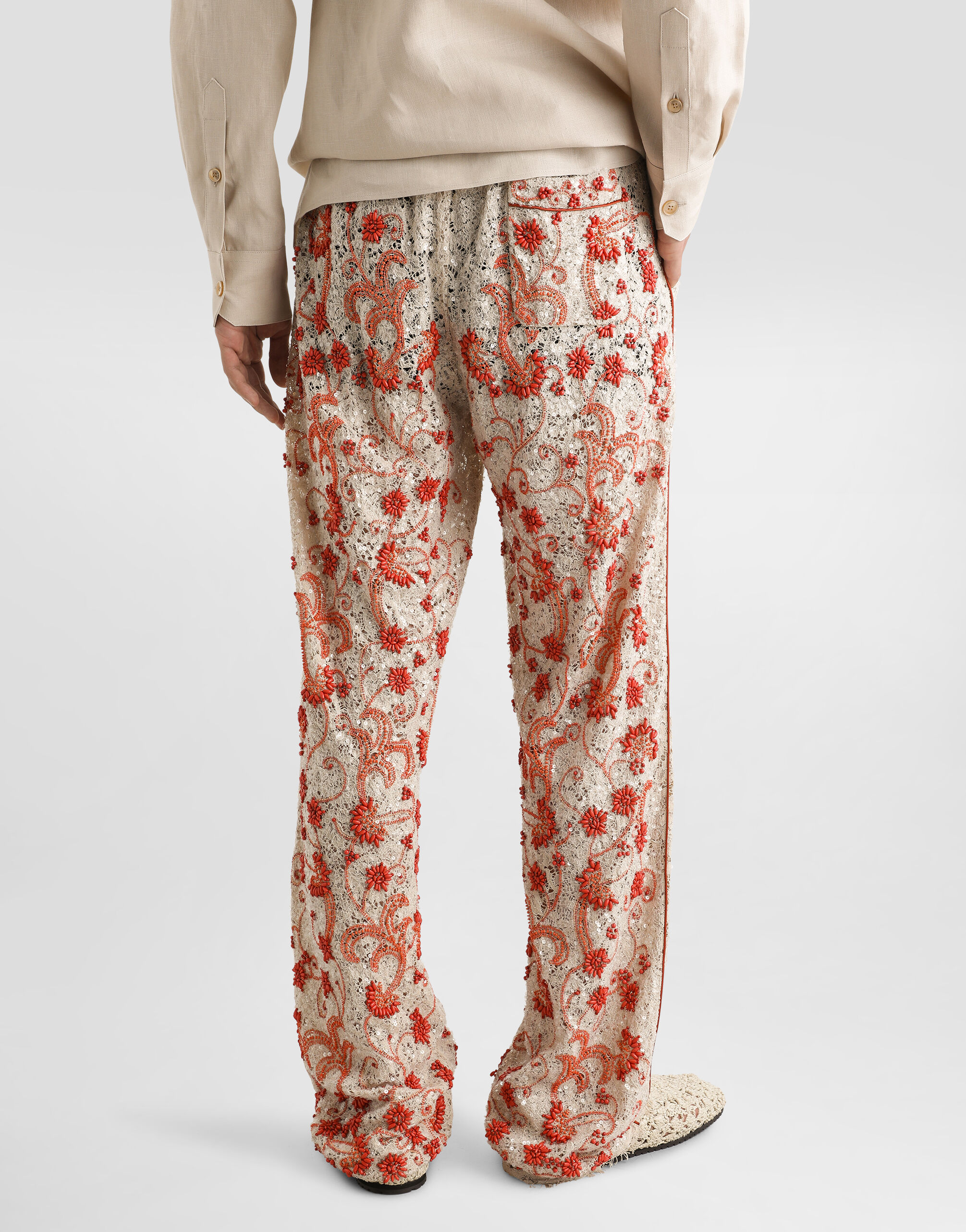 Lace pants with coral and rhinestone embroidery in Beige for Men
