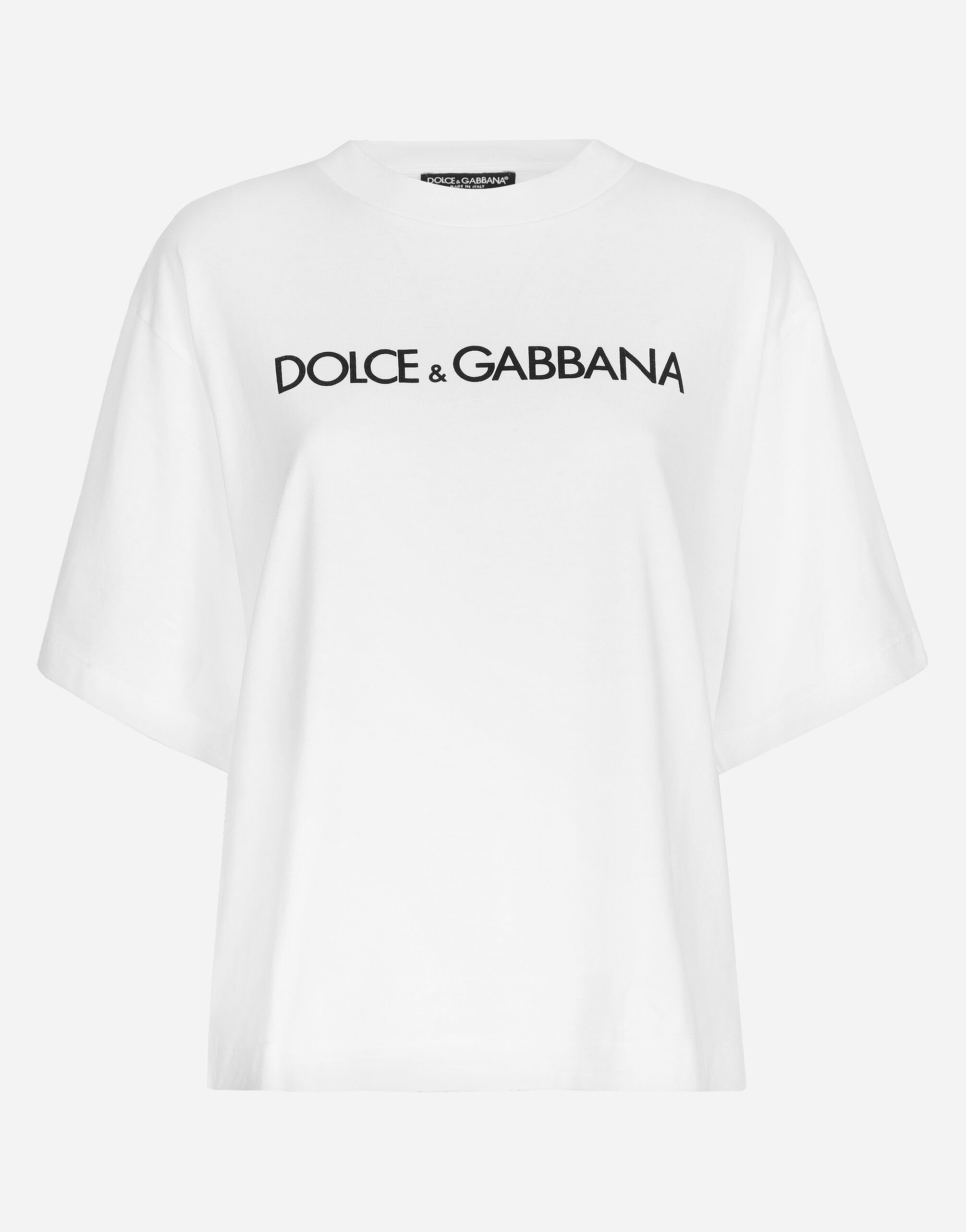 Dolce & Gabbana Kurzarm-T-Shirt aus Baumwolle mit Dolce&Gabbana-Schriftzug Weiss F8T00ZGDCBT
