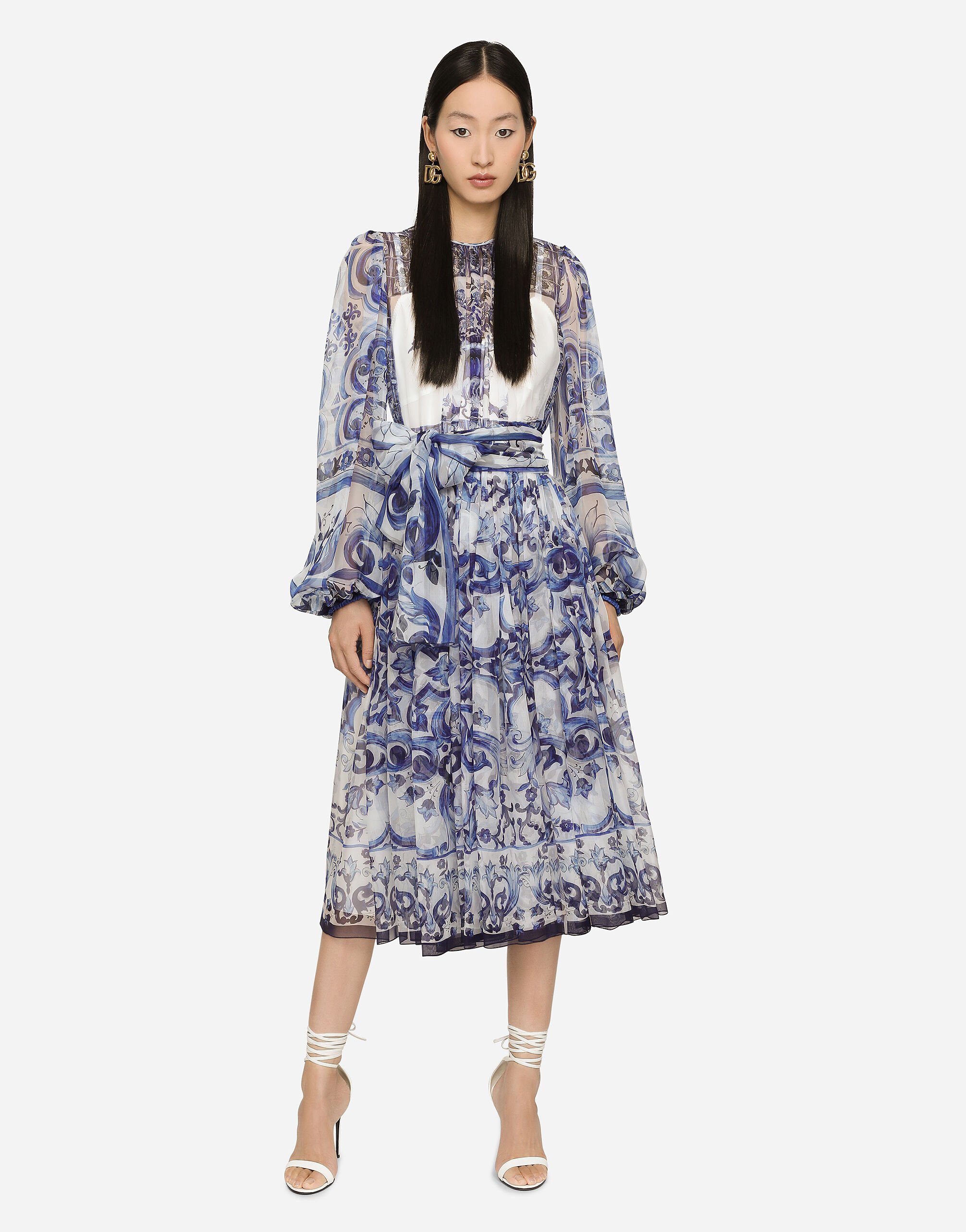 【DOLCE&GABBANA】ミディドレス マヨリカプリント 長袖 3色展開 マルチカラーのウィメンズ ミディドレス シャルムーズ マヨリカ