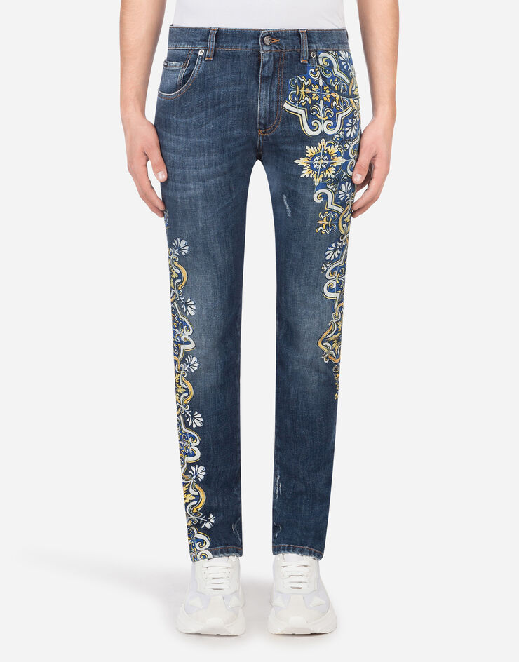 Dolce & Gabbana Blue stretch skinny jeans with maiolica print BLEU GY07LDG8CI5