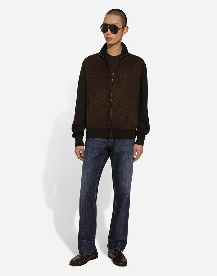 Dolce & Gabbana Jacke mit hohem Kragen aus Wollgarn und Leder Braun GXV16TJFMDS