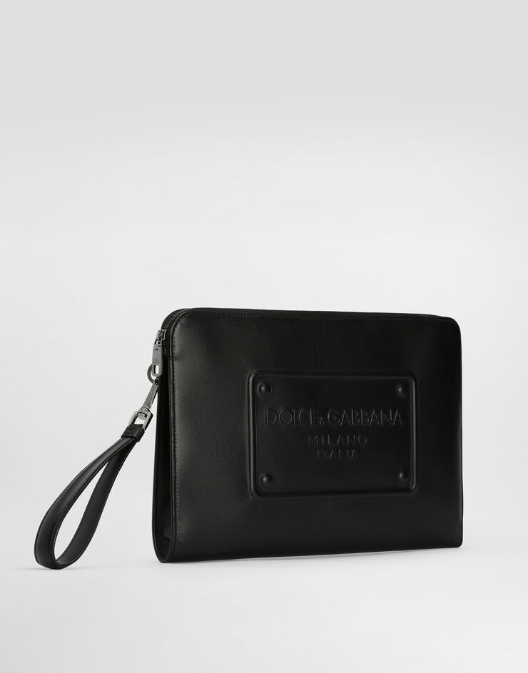 Dolce & Gabbana Große Pouch Bag aus Kalbsleder mit Relieflogo Schwarz BM2276AG218