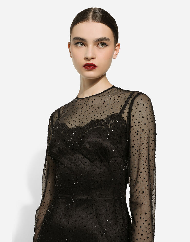 Dolce & Gabbana Long tulle dress with fusible rhinestone embellishment Black F6DEZTFLSIT