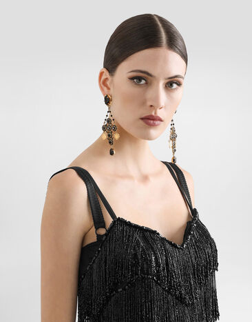 Dolce & Gabbana 티어드롭 컷 라인스톤 & 십자가 디테일 드롭 이어링 멀티 컬러 WER4C4W1111