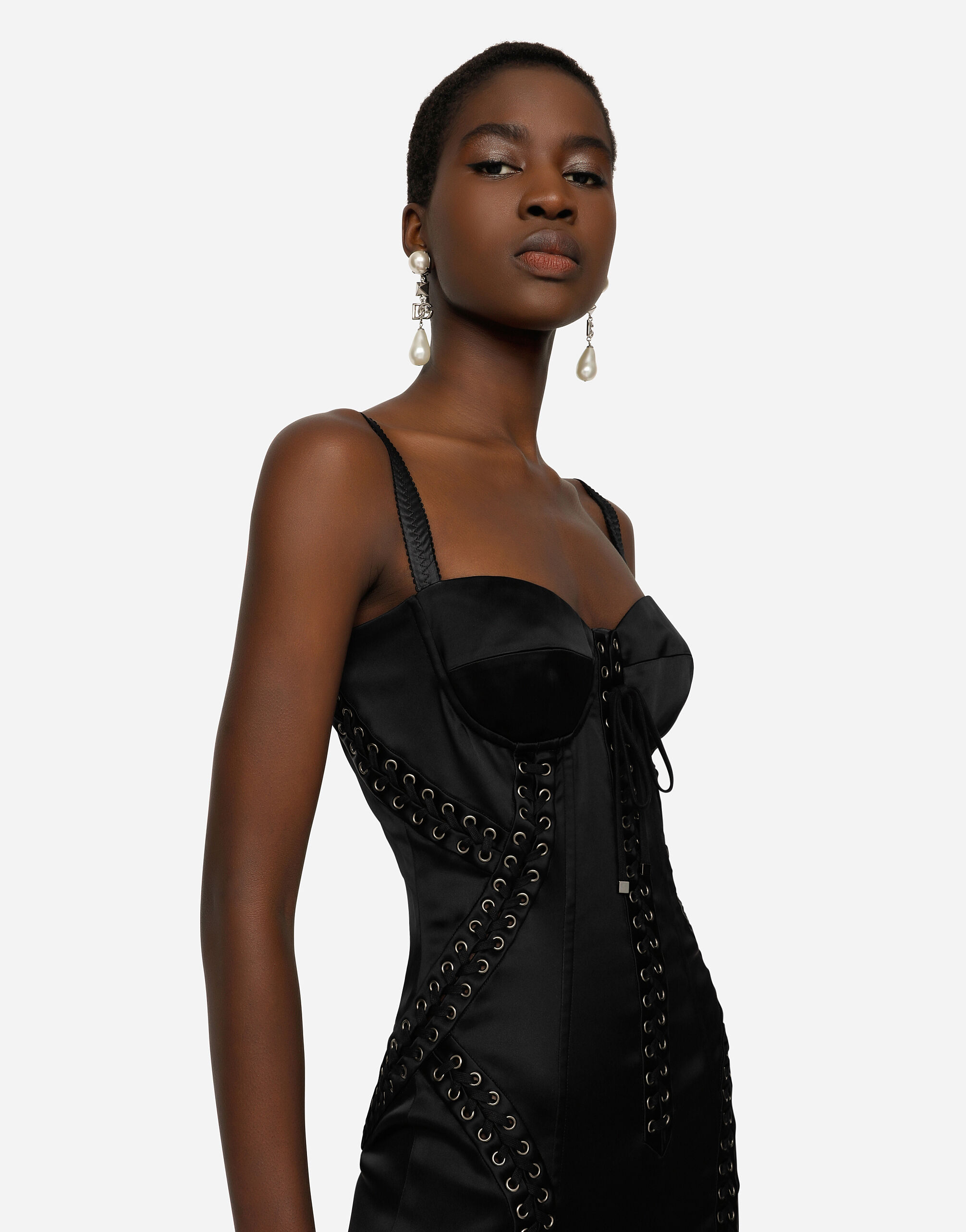 Short satin dress with laces and eyelets in Black for Women Dolce Gabbana US