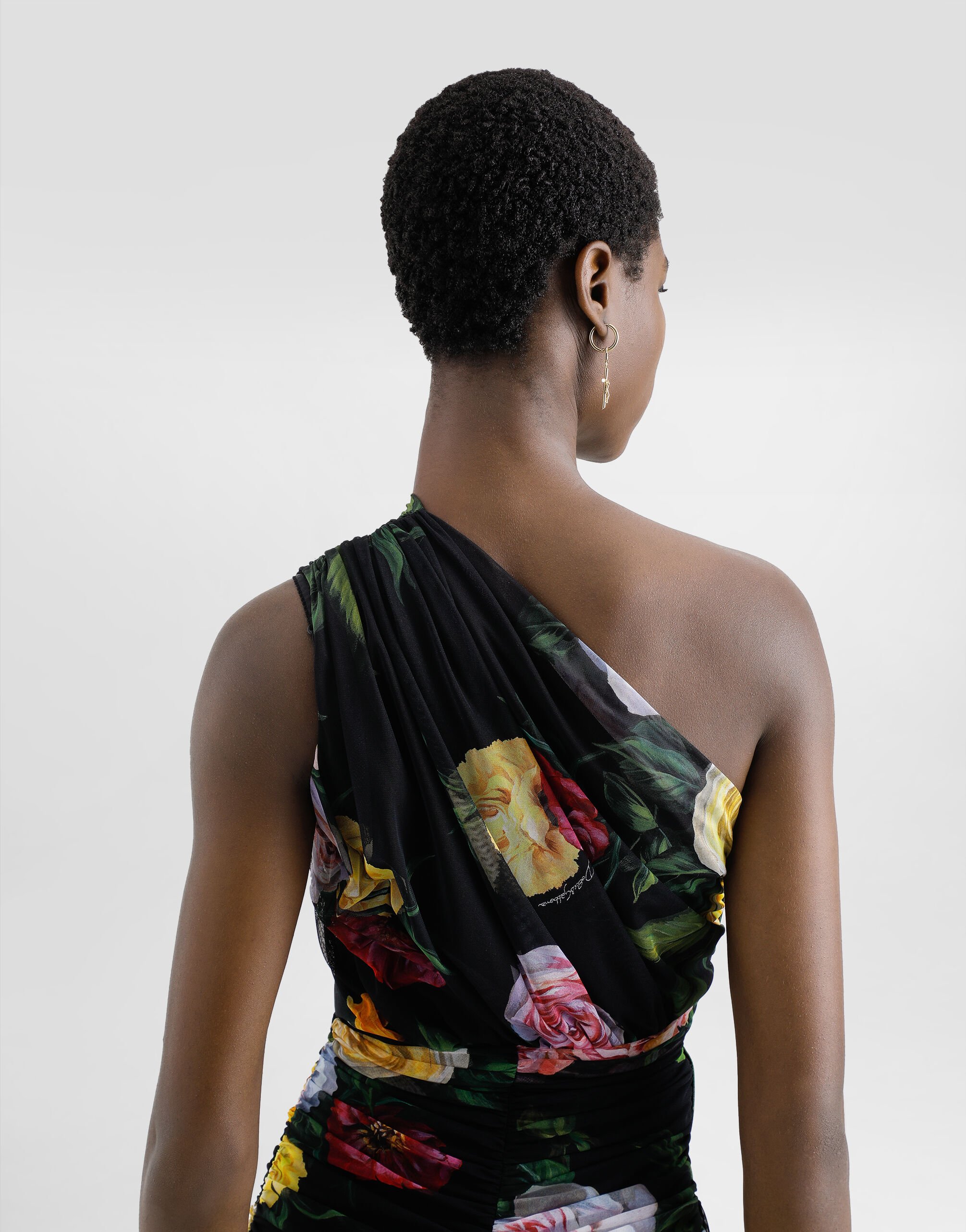Tulle one-shoulder calf-length dress with peony and rose print in Print for  Women | Dolce&Gabbana® US