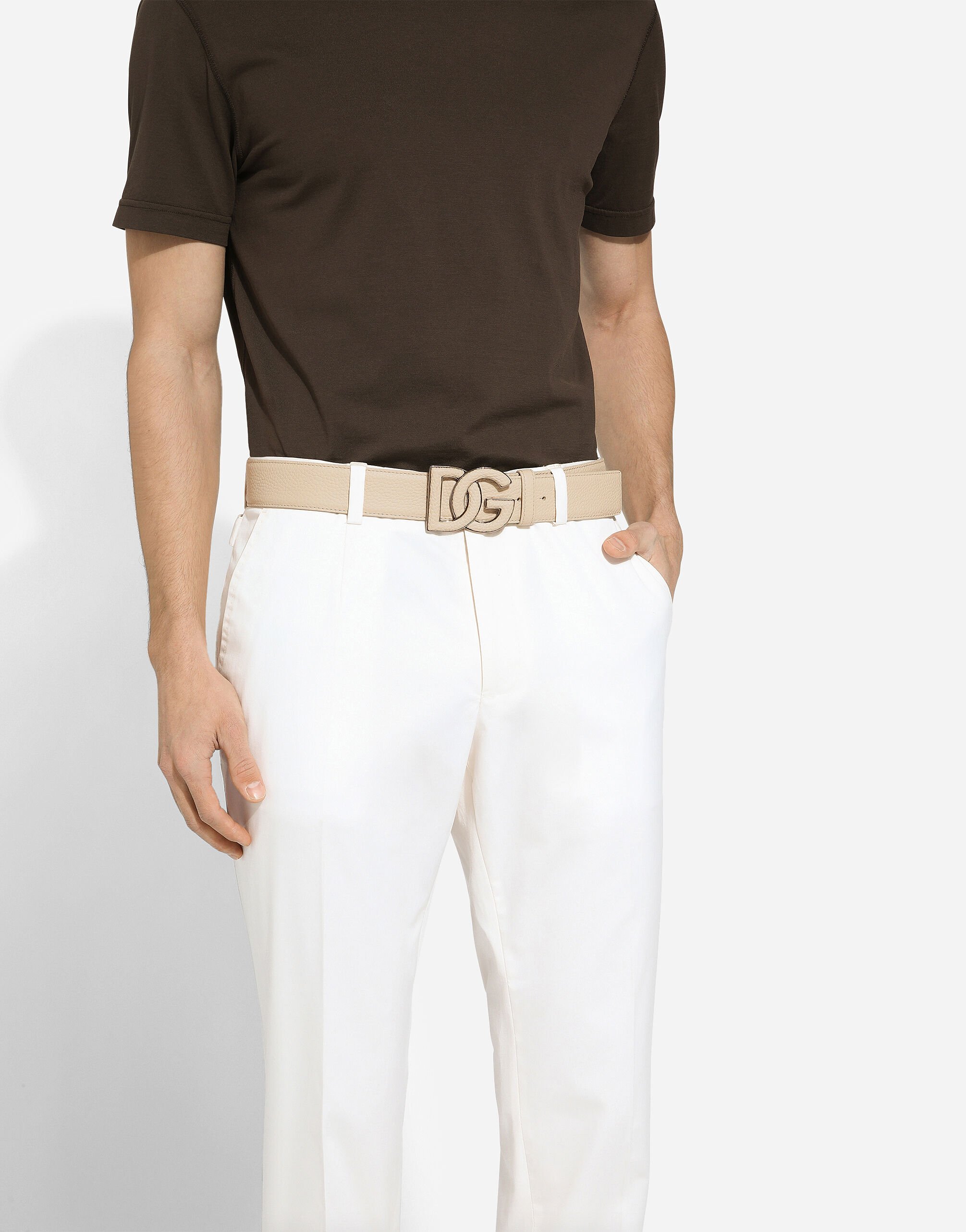 Deerskin-print calfskin belt with logo print in Beige for