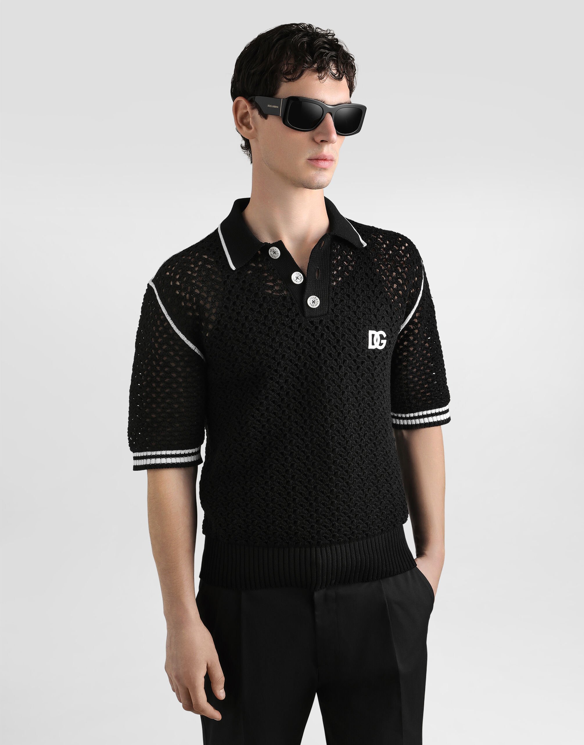 Tシャツ・カットソー Dolce & Gabbana SS25 Knitted polo shirt (GXZ02ZJBSK3 N0000) Silk jacquard polo-shirt with DG logo in Black for Men