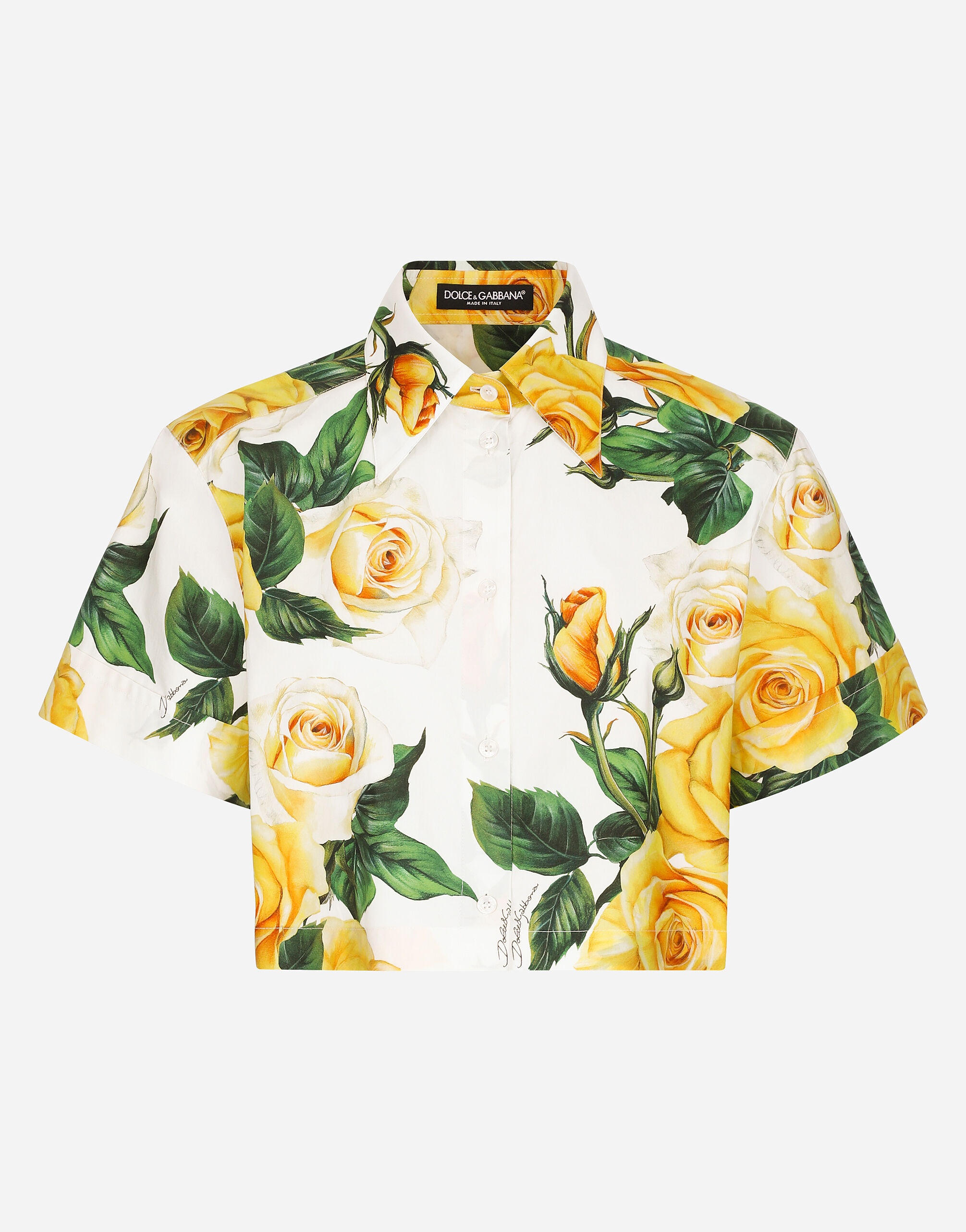 Dolce & Gabbana Short cotton shirt with yellow rose print White BB6711AV893