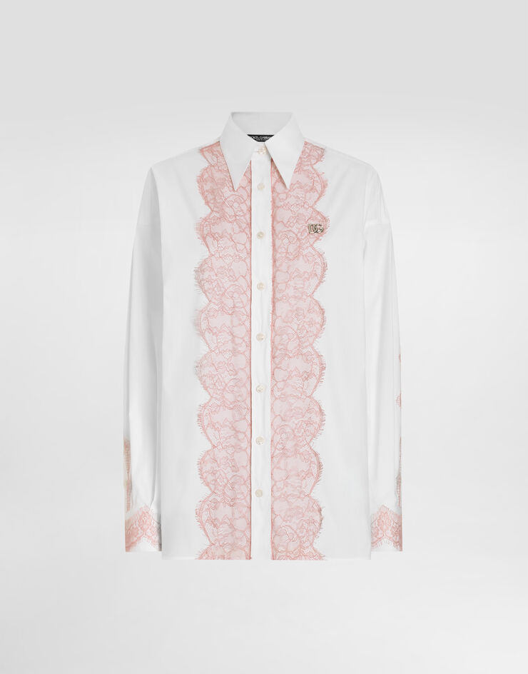 Dolce & Gabbana Camicia oversize in popeline di cotone con applicazioni in pizzo Bianco F5T33TFU5T9