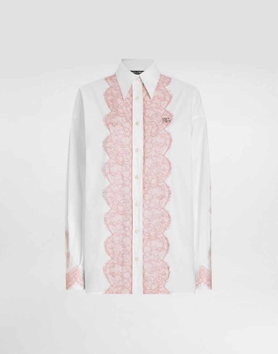 Oversize cotton poplin shirt with lace appliqués