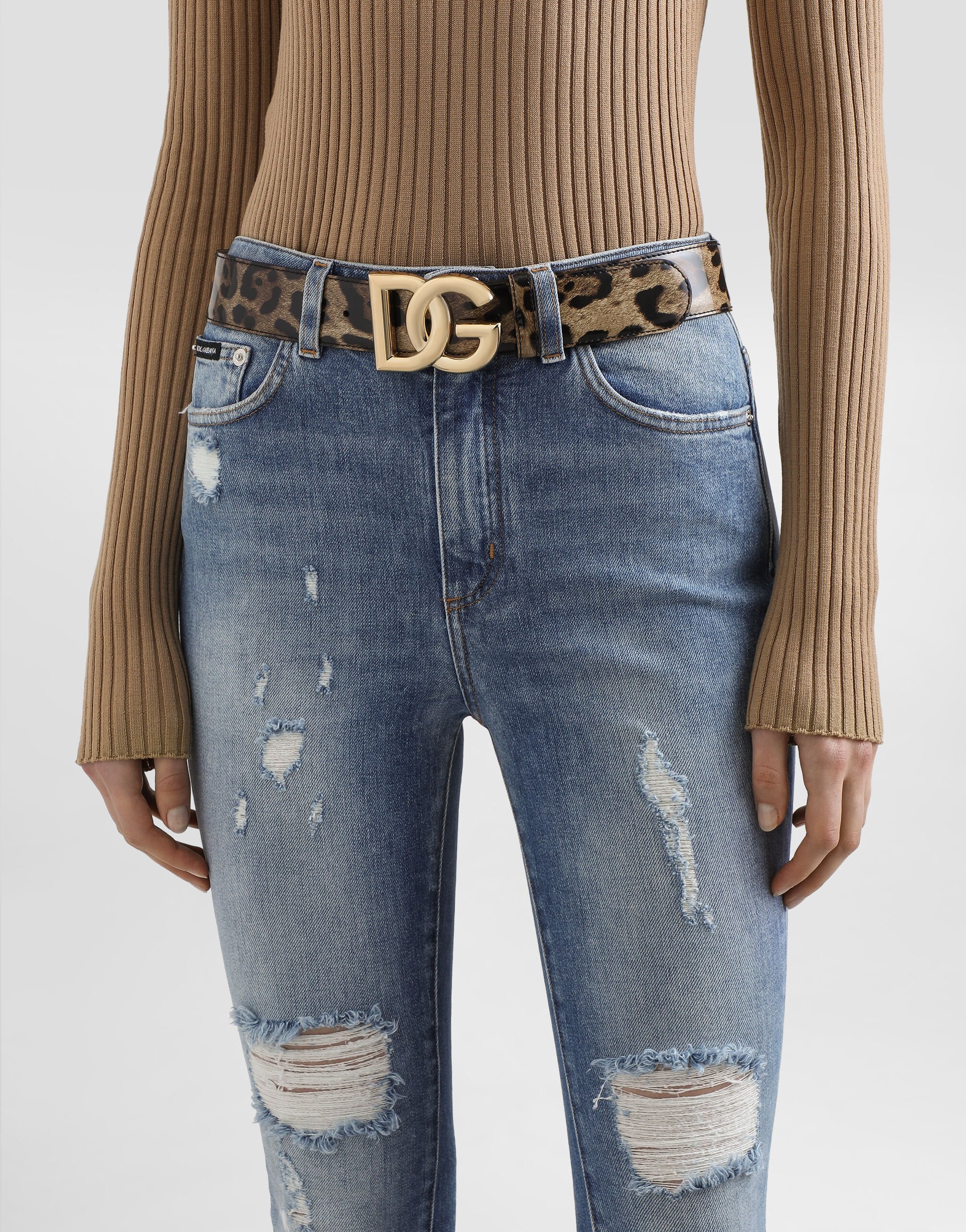 ＊DOLCE & GABBANA＊ DG Girls レオパード ベルト アニマリエプリントのウィメンズ ベルト シャイニーカーフスキン