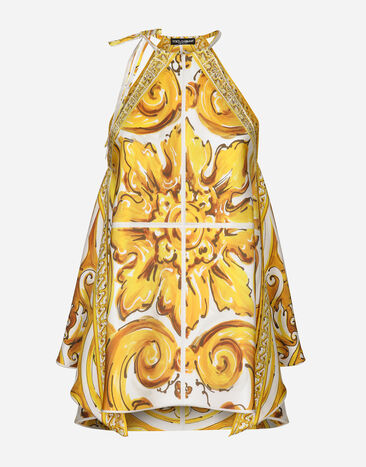 Dolce & Gabbana Silk twill halterneck top with majolica print Yellow BB6003AW050