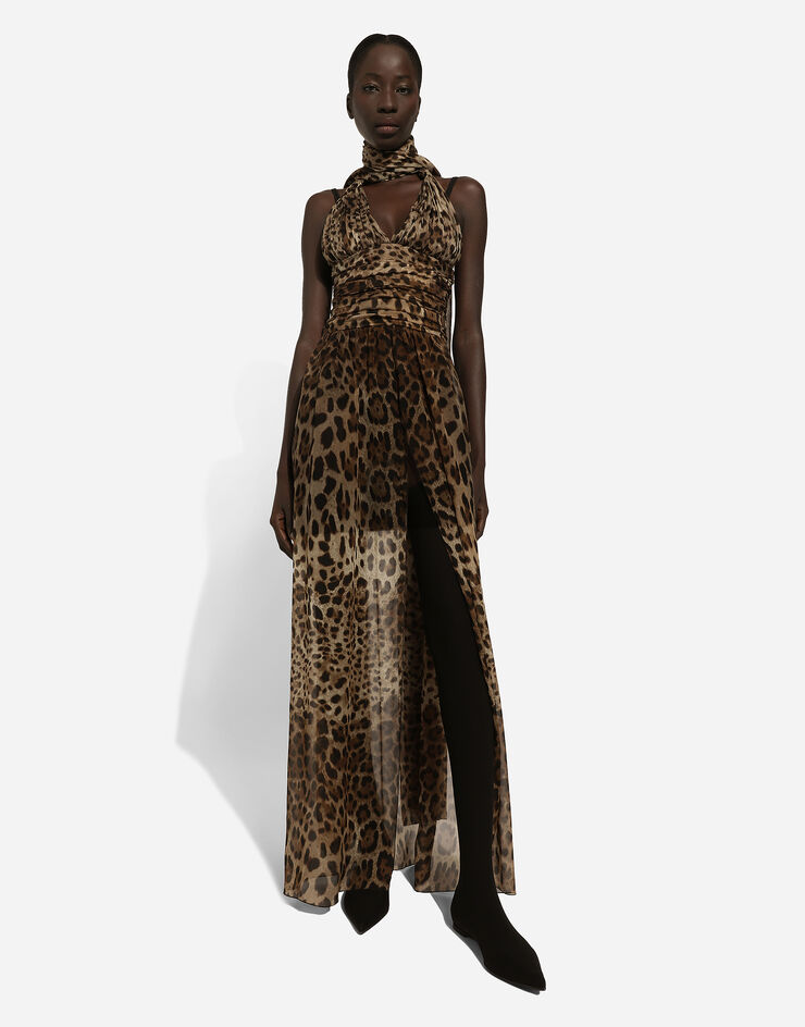 Dolce & Gabbana Langes Kleid aus Chiffon Leoprint Print F6JGUTFS1AR