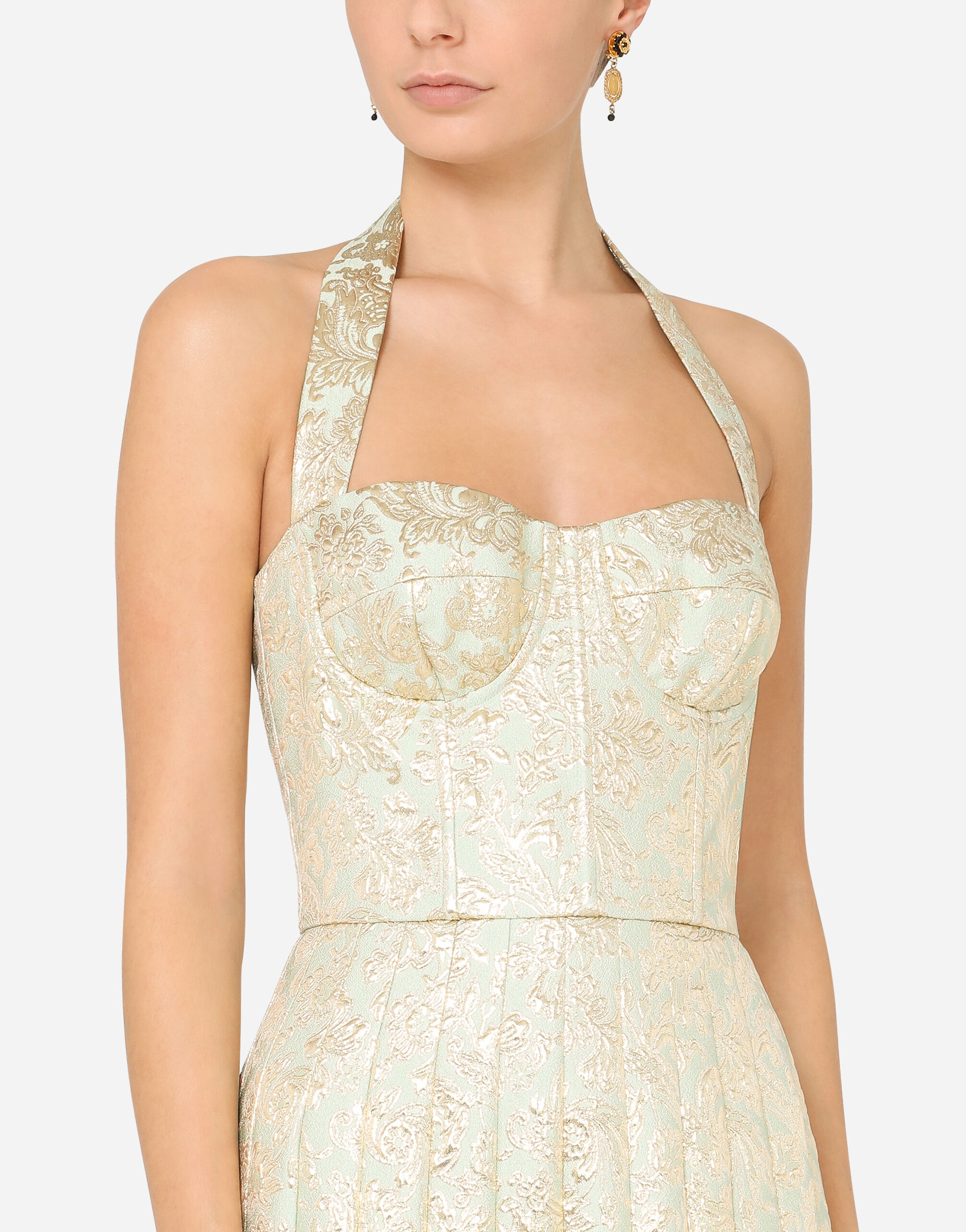 Bustier midi dress in lamé jacquard